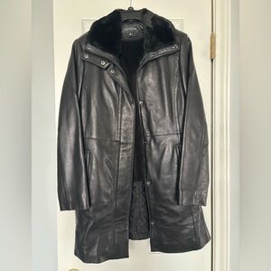 Jones New York Black Soft Leather Long Coat Removable Lining Size Small